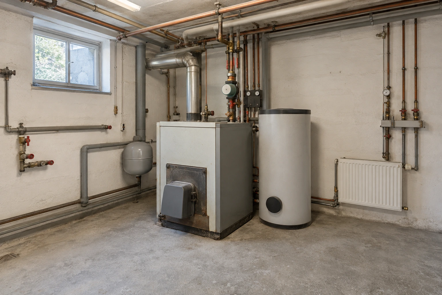 Illustrative ältere Heizungsanlage mit Kessel, Speicher und gewachsenem Rohrnetz vor der Eignungsprüfung