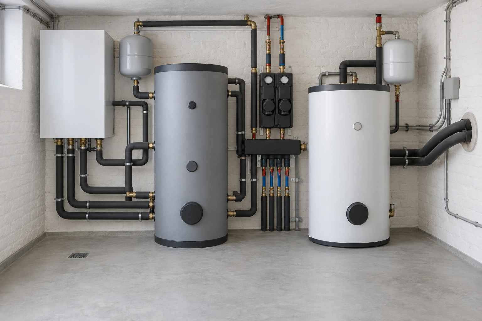 Illustrativ erneuerte Wärmepumpen-Hydraulik mit Innenmodul, Pufferspeicher, Warmwasserspeicher und Verteilung