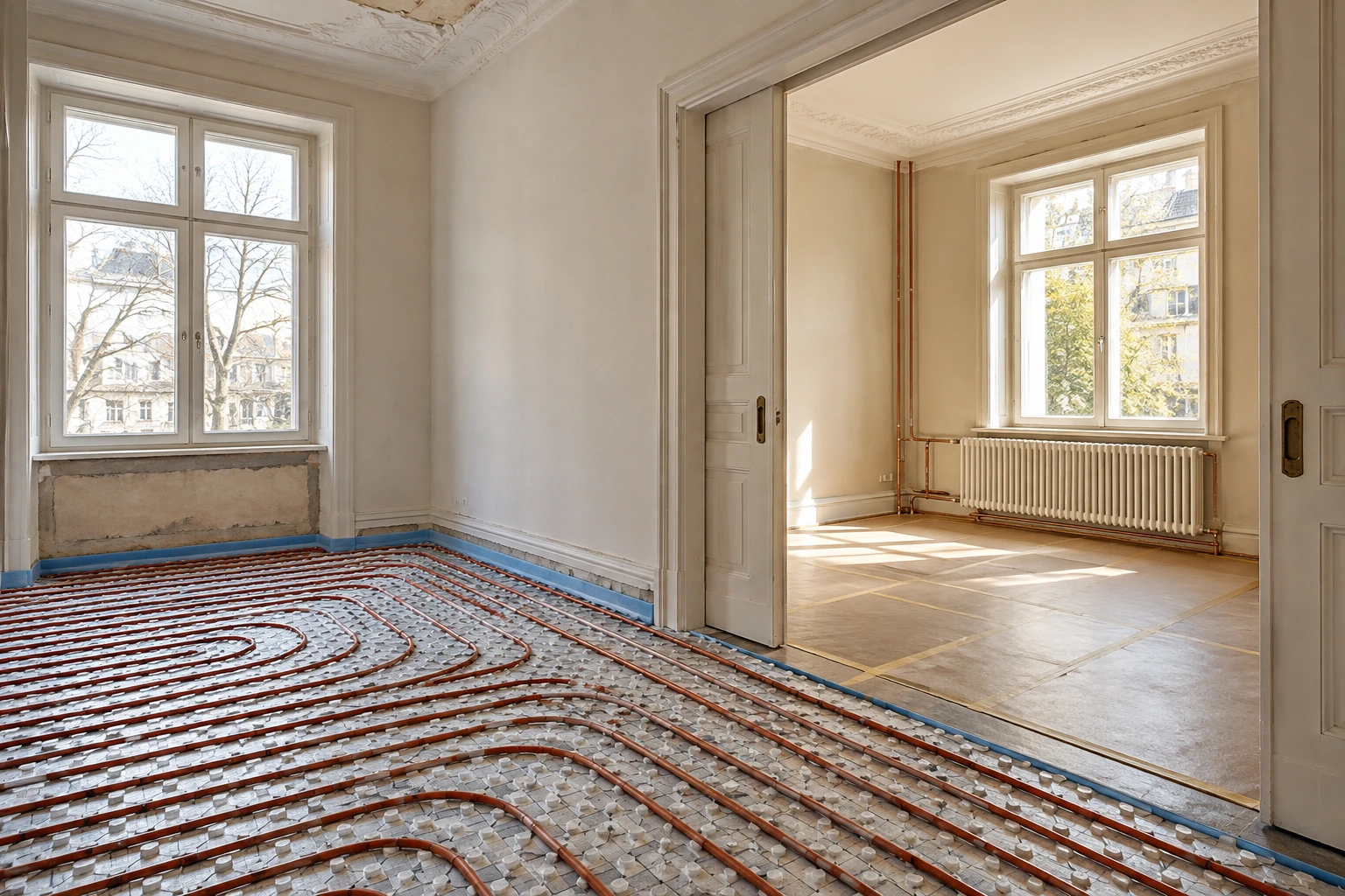 Illustrative Anpassung der Heizflächen mit Fußbodenheizung in einem Raum und großem Heizkörper im Nachbarraum