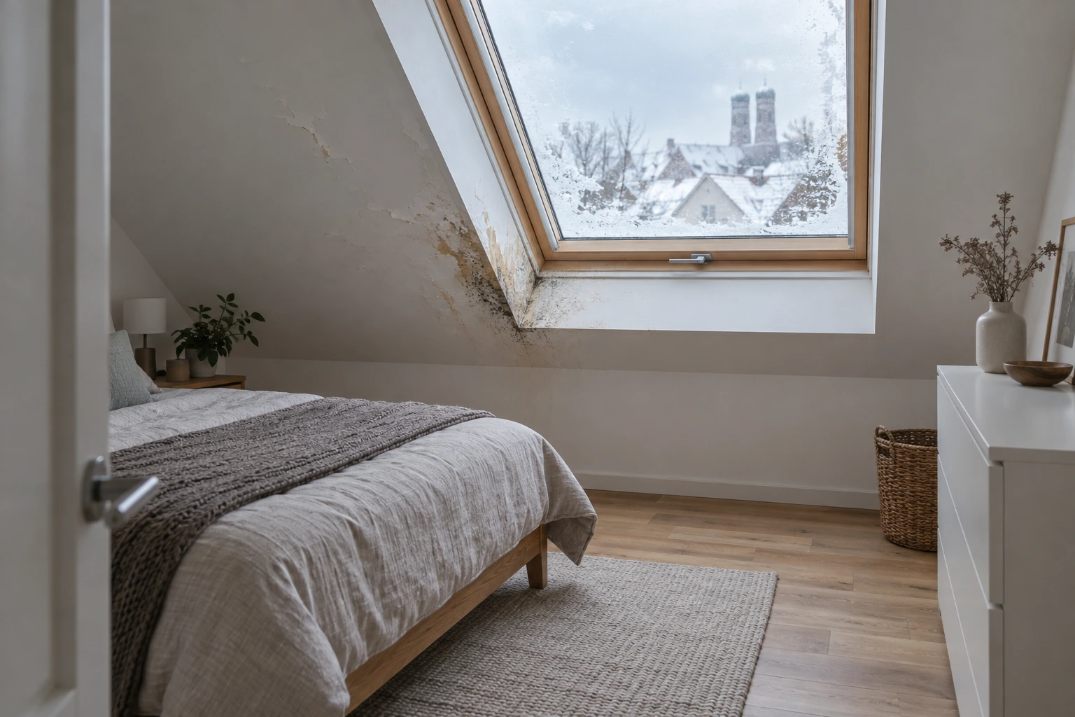 Dachraum mit Feuchtigkeitsflecken und dunklen Verfärbungen am unteren Dachfensteranschluss