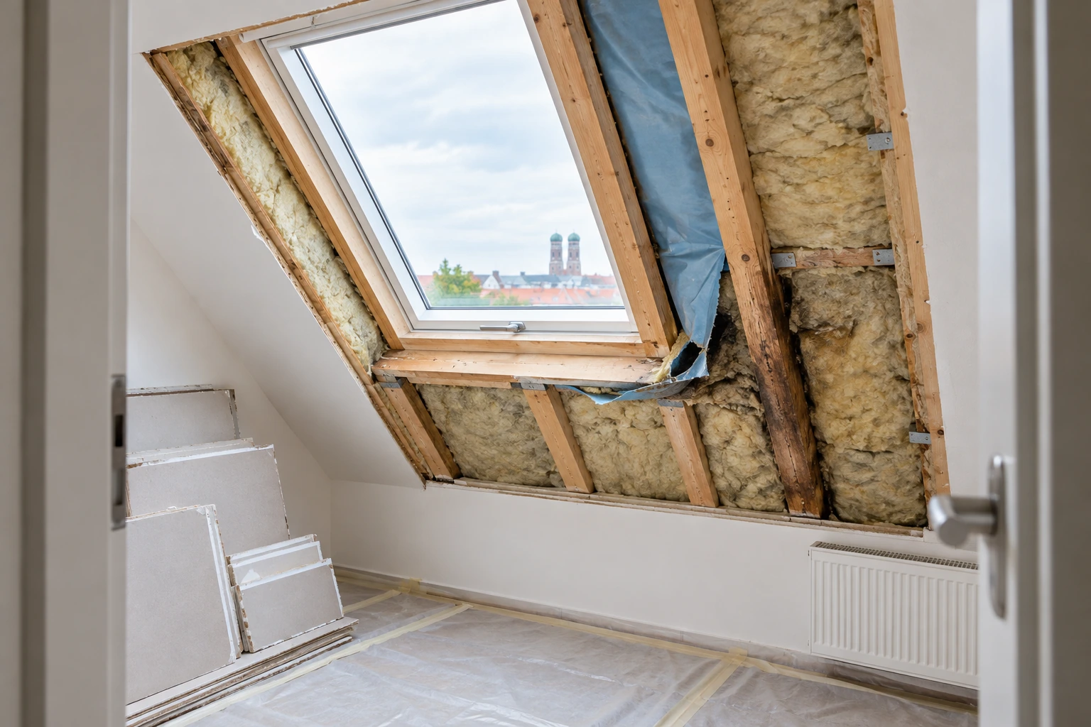 Geöffnete Dachschräge mit feuchter zusammengesackter Dämmung und beschädigter Dampfbremse am Dachfenster