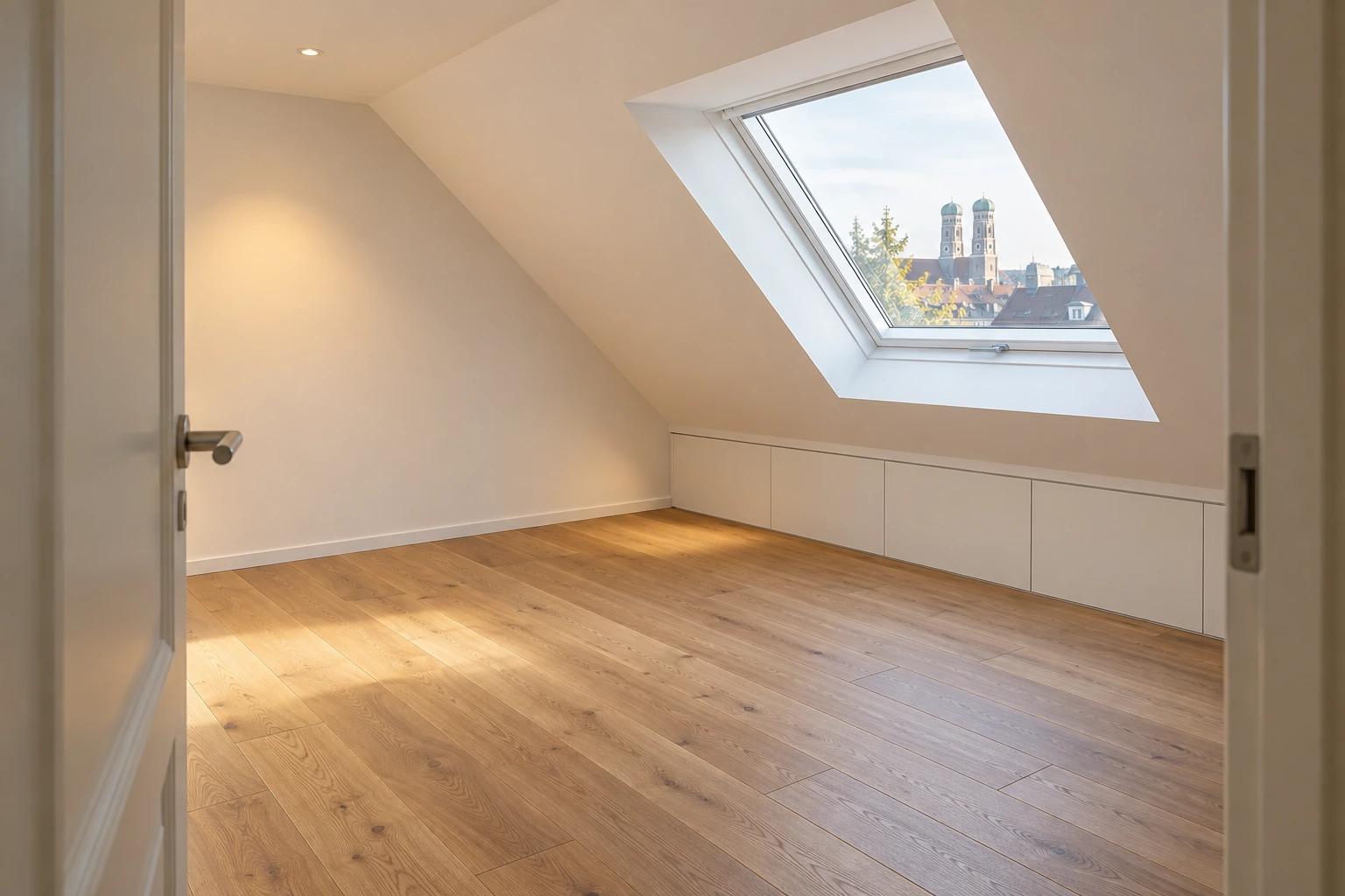 Fertig sanierter trockener Dachraum mit sauberem Dachfensteranschluss, glatten Schrägen und eingebautem Stauraum