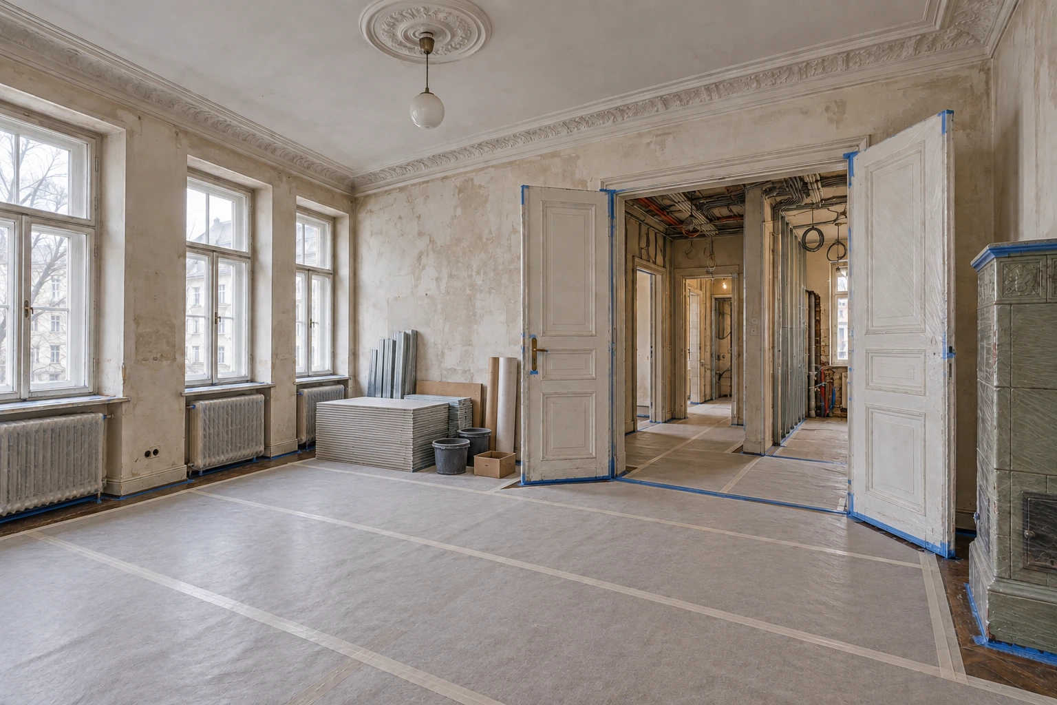 Kontrolliert zurückgebaute Altbauwohnung mit geschütztem Parkett, freigelegten Leitungswegen und geordneten Materialien