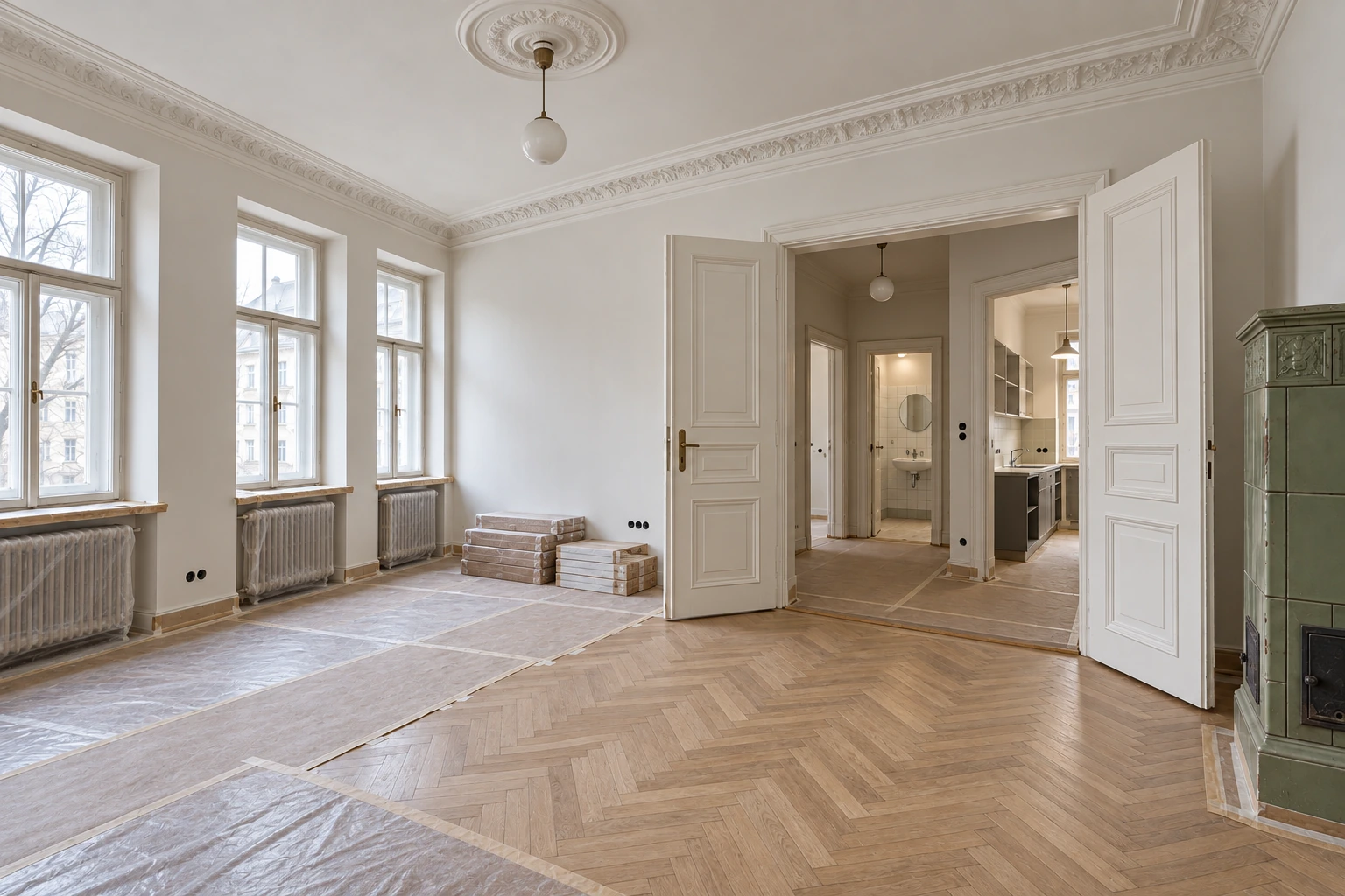 Altbauwohnung im Wiederaufbau mit aufgearbeitetem Parkett, grundierten Wänden, neuer Küche und fast fertigem Bad