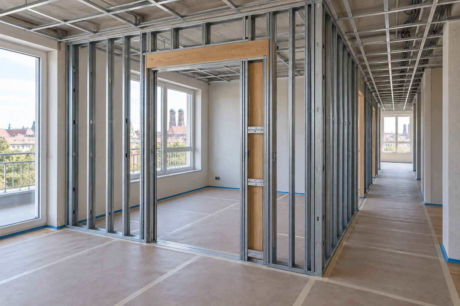 Illustrative Trockenbauphase mit neuer Metallständerwand, verstärkter Türöffnung und ausgerichteter Unterkonstruktion der Flurdecke