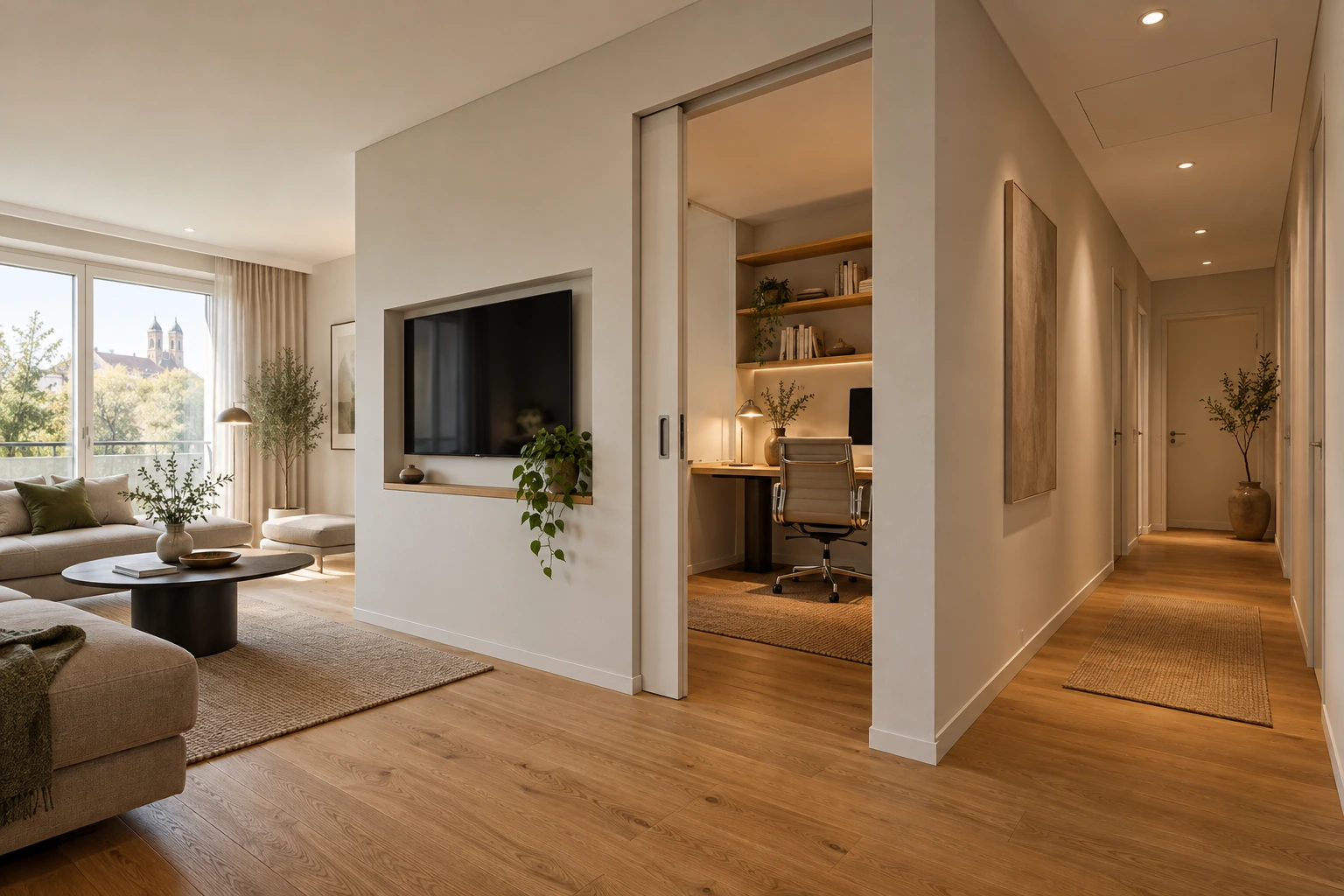 Illustrativ fertiggestellter Trockenbau mit getrenntem Arbeitszimmer, Schiebetür, Monitorwand und beleuchteter Flurdecke
