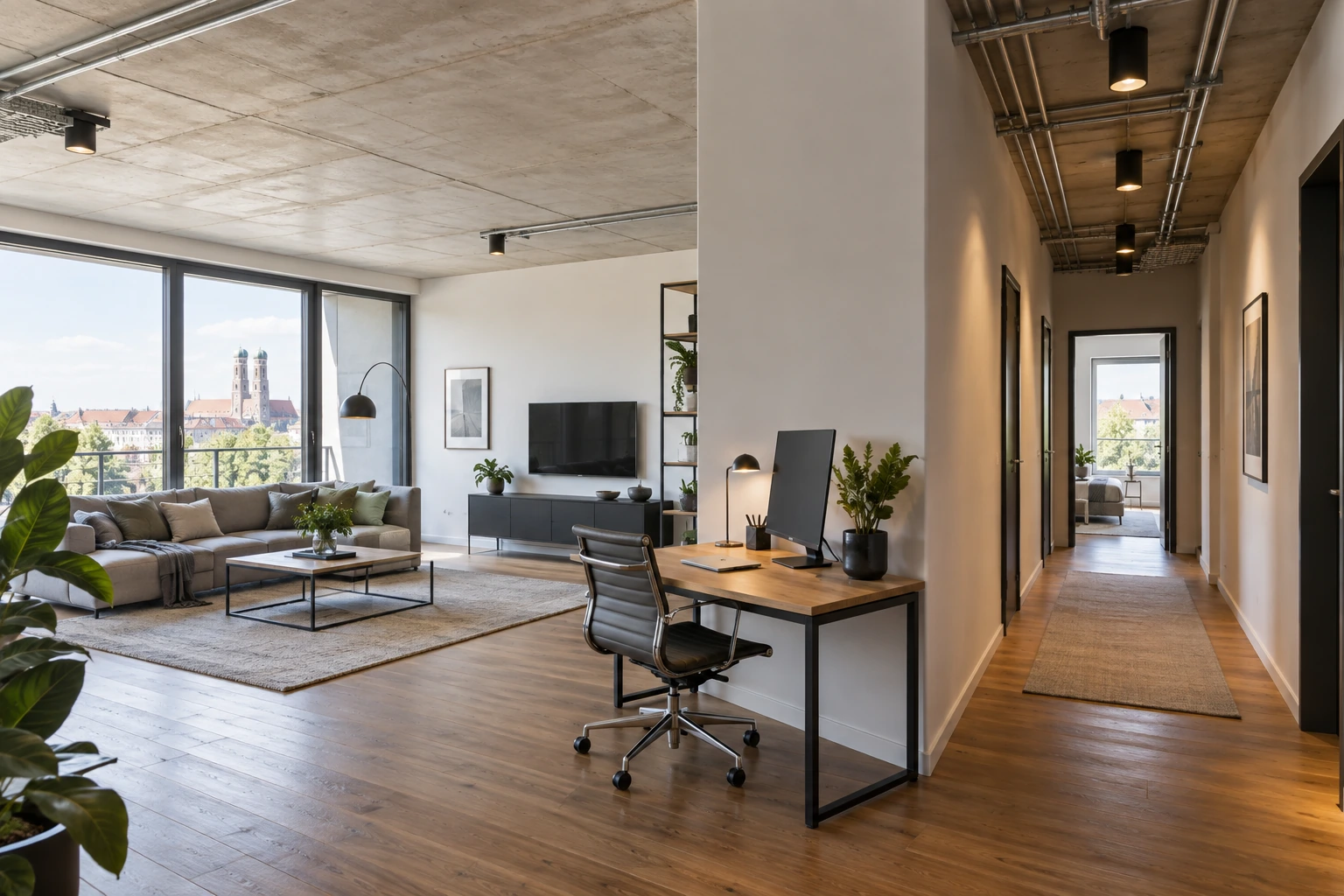 Illustrativer Wohnungsbestand mit offenem Arbeitsplatz im Laufweg und sichtbaren Installationen an der Flurdecke