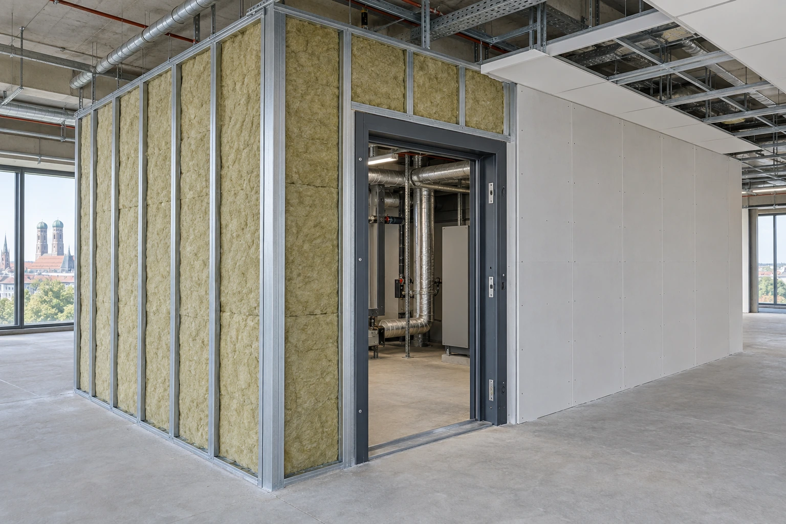 Illustrative Systemmontage einer Brandschutzwand mit Metallunterkonstruktion, Dämmung, mehrlagiger Beplankung und Stahltüröffnung