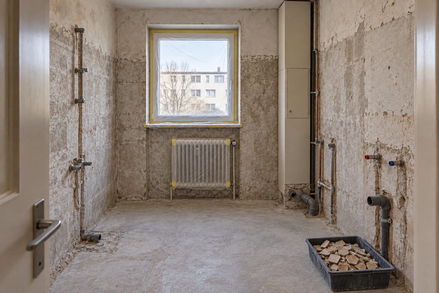 Gleiches Bad nach Rückbau mit freigelegtem Untergrund, geordneten Anschlüssen und geschütztem Fenster sowie Heizkörper