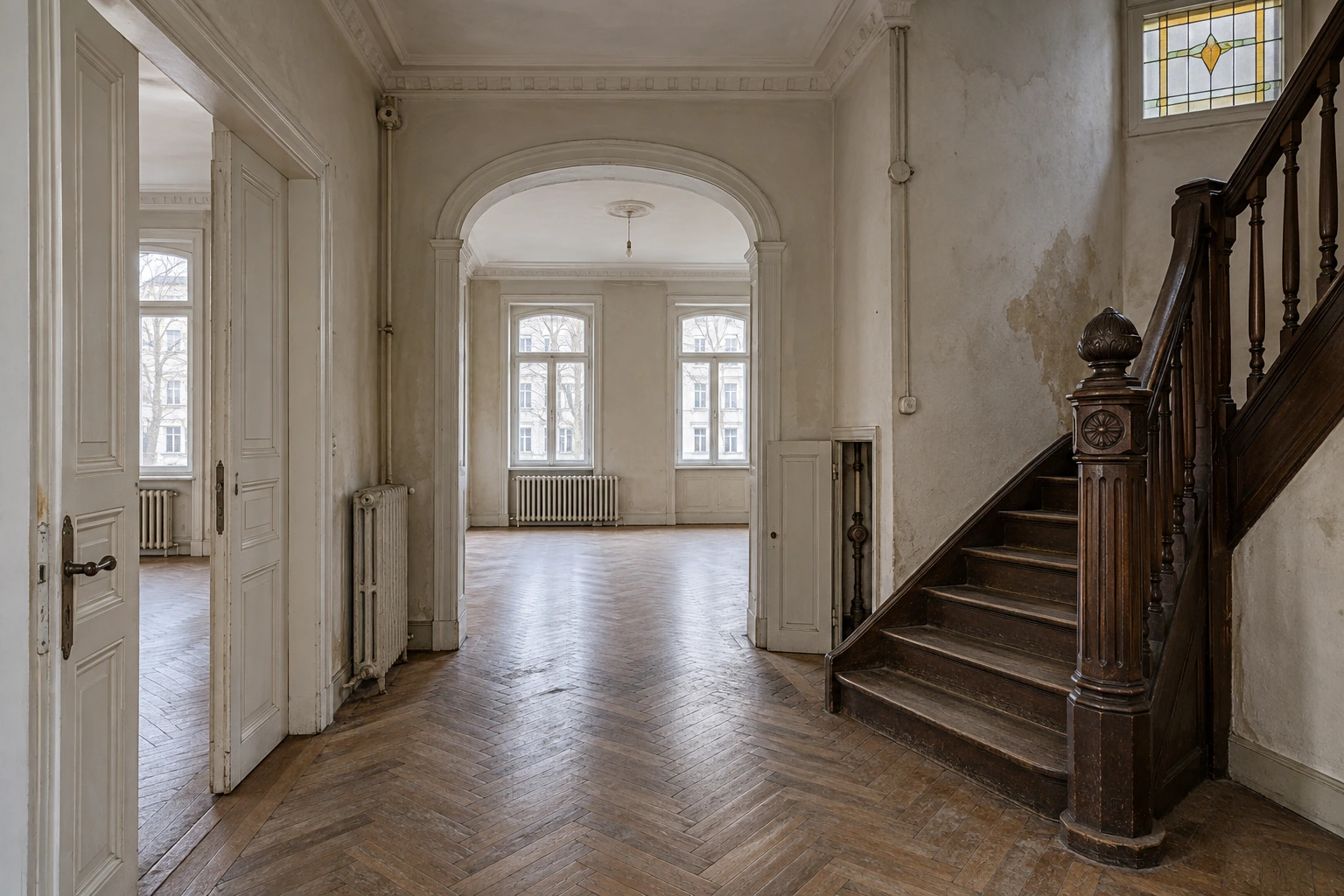 Unsanierter Altbauhausflur mit abgenutztem Fischgrätparkett, historischer Holztreppe, alten Leitungen und Feuchtespur