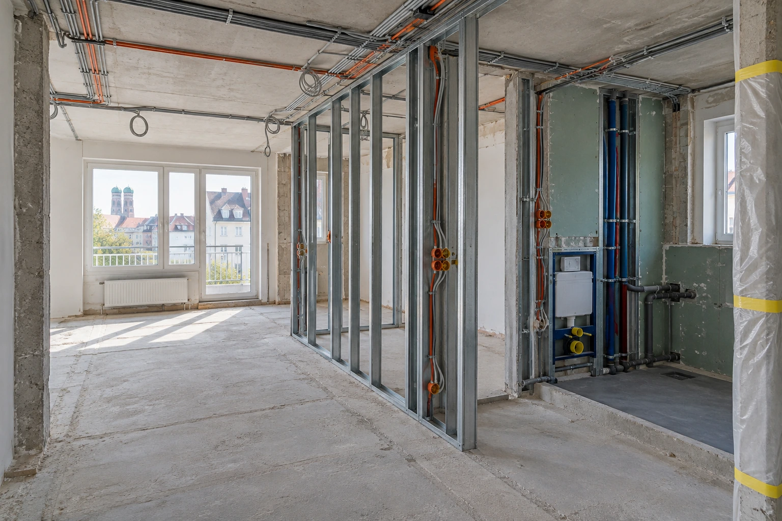 Illustrative Rohinstallationsphase mit entferntem Boden, neuer Trockenbauwand, Elektro- und Sanitärleitungen sowie geschütztem Bestand