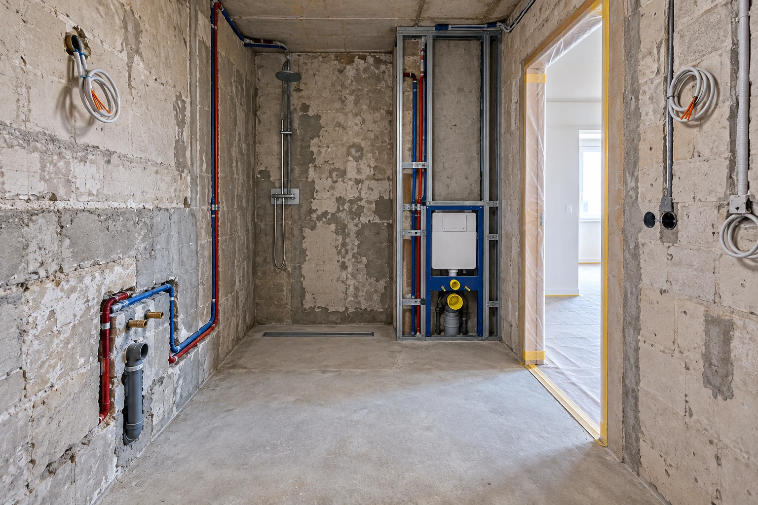 Illustrative Rohinstallation nach dem Badrückbau mit neuen Wasser- und Abwasserwegen, WC-Vorwand, Duschablauf und Elektroleitungen