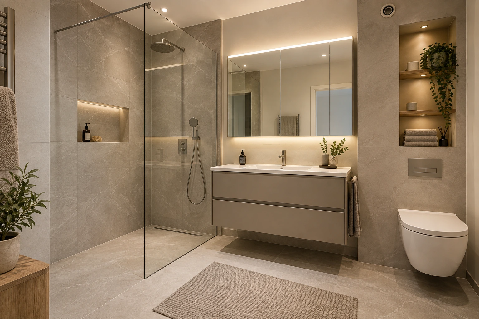Illustrativ fertiggestelltes kleines Bad mit bodengleicher Dusche, Glaswand, Waschtischunterschrank, Spiegellicht, Wand-WC und Stauraumnische