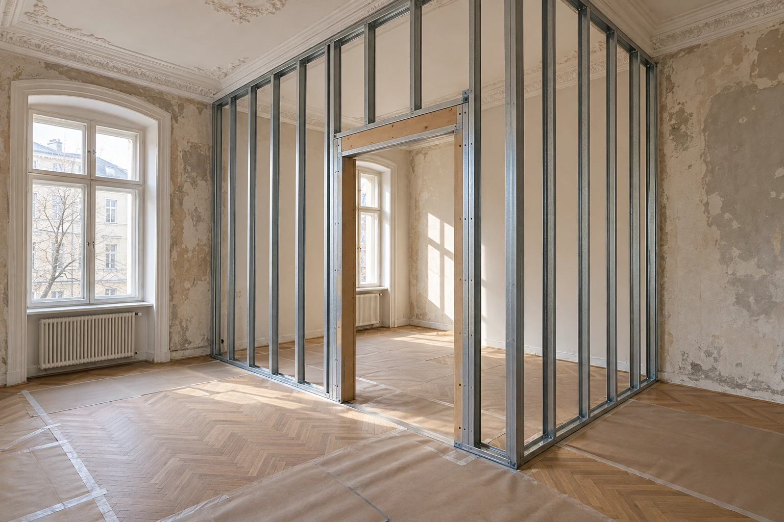 Illustrative Unterkonstruktion einer schlanken Altbau-Trennwand mit verstärkter Türöffnung, angepassten Anschlüssen und geschütztem Parkett