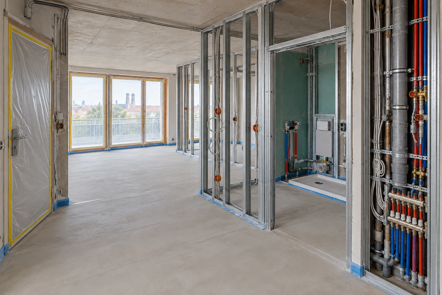 Illustrative Rohinstallation mit zugänglichem Leitungsstrang, neuen Wohnungsabzweigen, Elektro, Badzone, Trockenbau und nivelliertem Untergrund