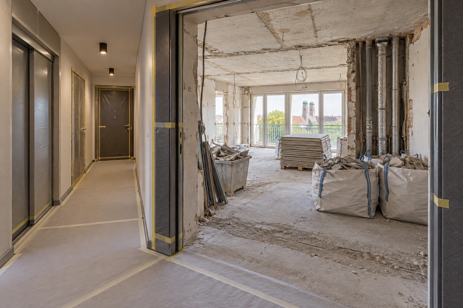 Illustrative Rückbauphase mit geschütztem Hausflur und Aufzug, gesichertem Wohnungseingang und geordnetem Material innerhalb der Wohnung
