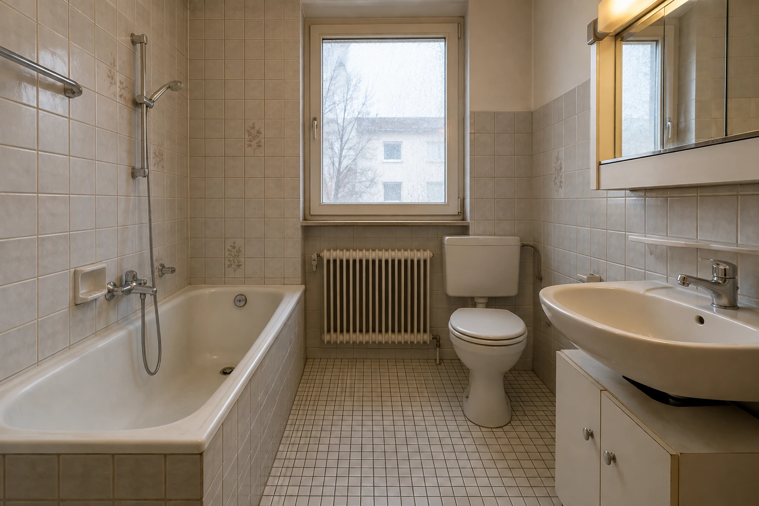Illustrativer Bestand eines kleinen Münchner Bads mit alter Wanne, Stand-WC, wenig Stauraum, kleinen Fliesen und schwacher Beleuchtung
