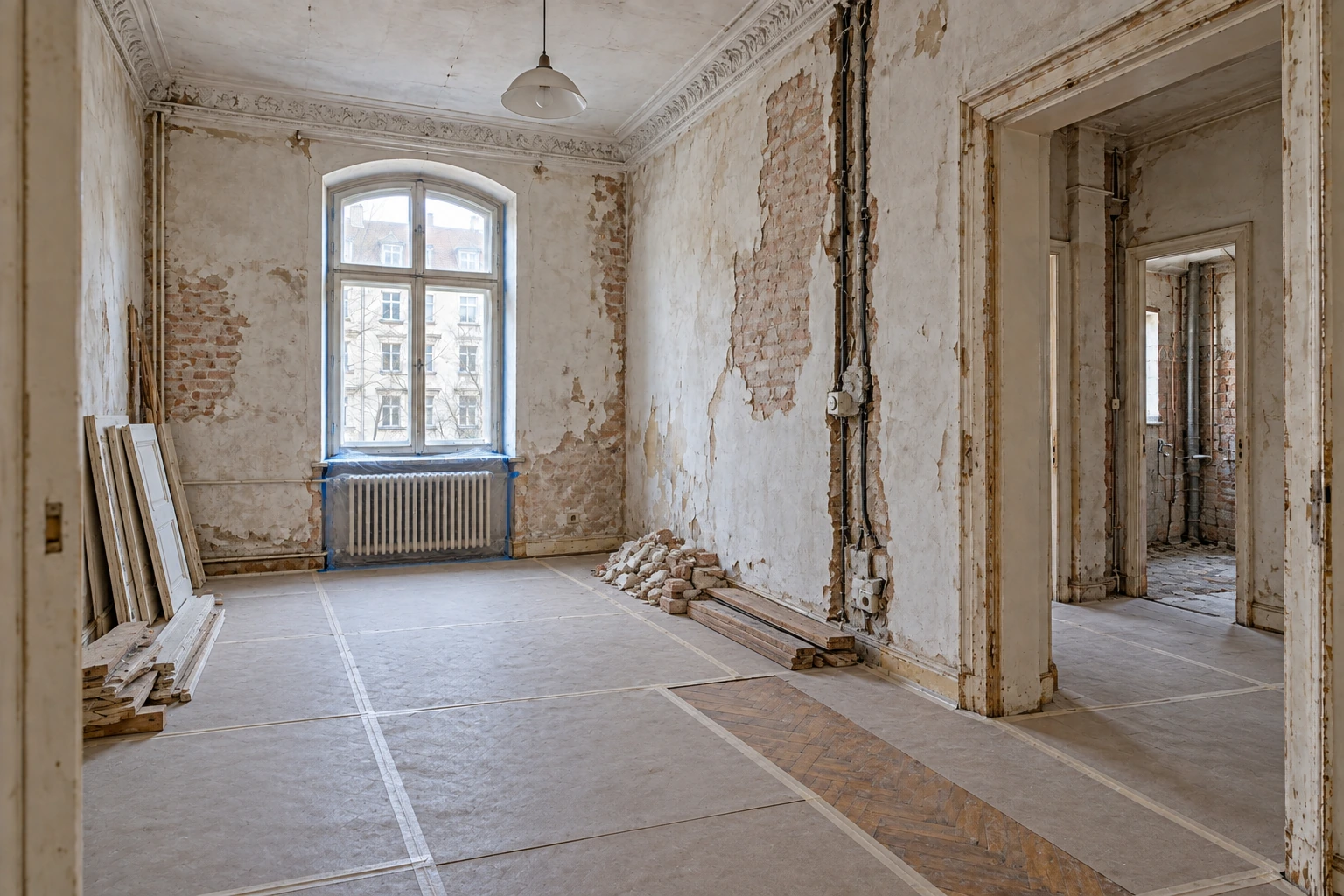 Gleiche Altbauwohnung beim selektiven Rückbau mit geschütztem Parkett, ausgebauten Türen, geöffneten Leitungswegen und entkerntem Badezimmer