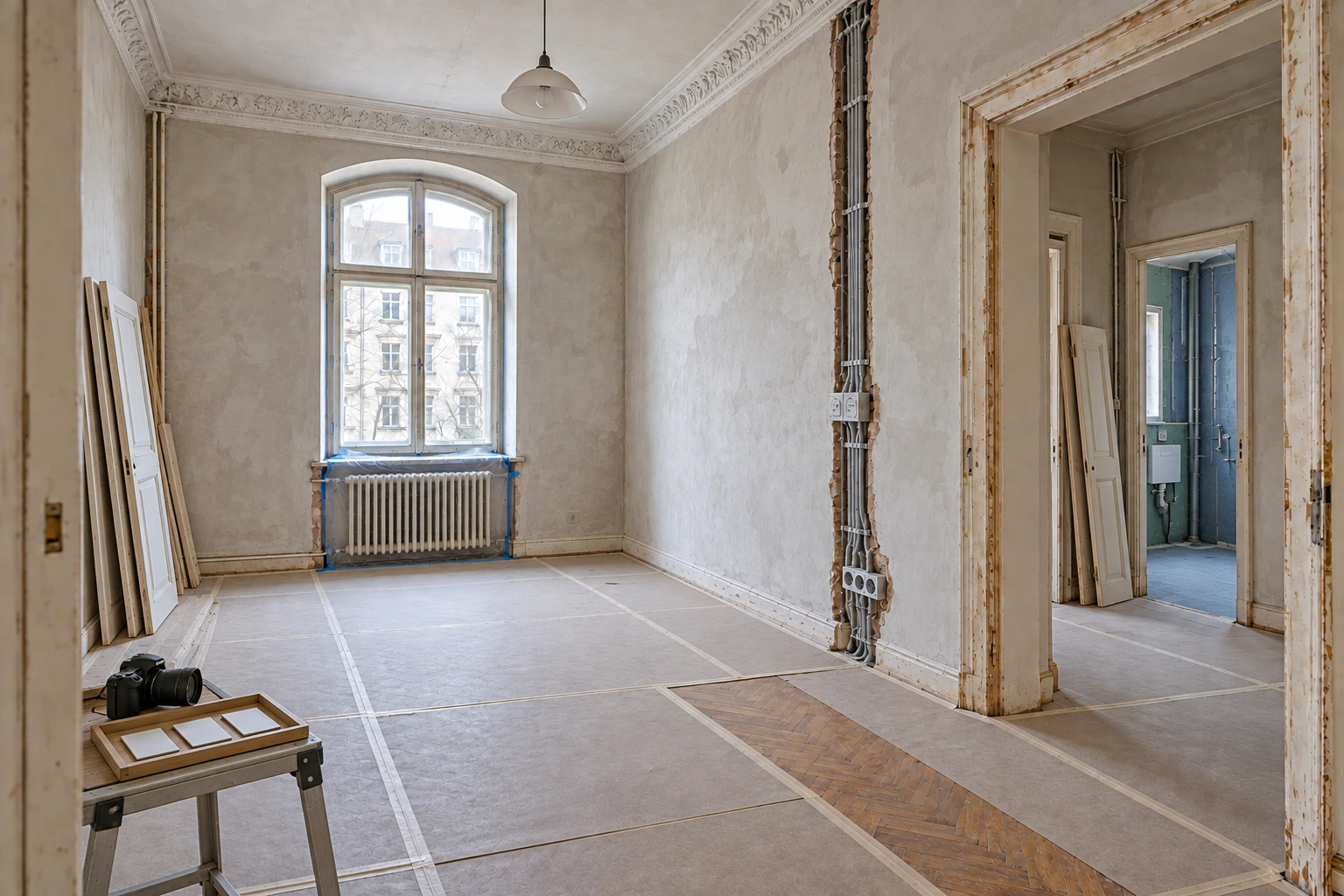 Gleiche Altbauwohnung mit erneuerter Elektrik, vorbereiteten Putzflächen, geschütztem Parkett und abgedichtetem Badezimmer vor dem Schließen der Anschlüsse