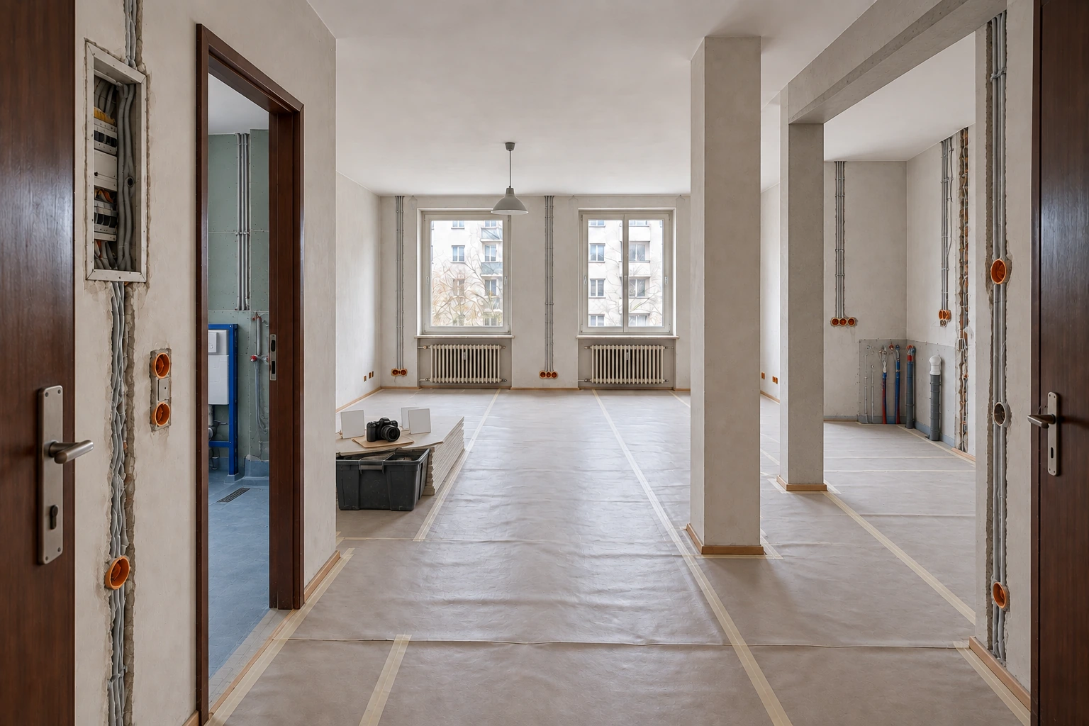 Gleiche Eigentumswohnung mit erneuerten Elektro- und Küchenanschlüssen, abgedichtetem Badezimmer, dauerhaftem Wanddurchbruch und vorbereiteten Untergründen