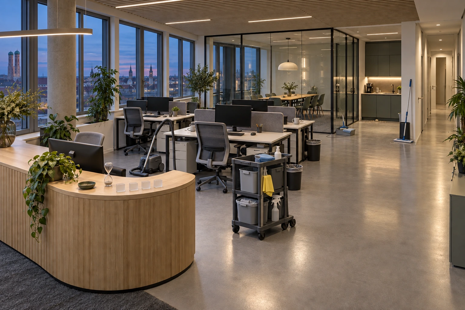 Illustrative Probephase im selben Büro mit geordnetem Reinigungswagen, Bodengeräten, geleerten Abfallbehältern und schrittweise bearbeiteten Flächen