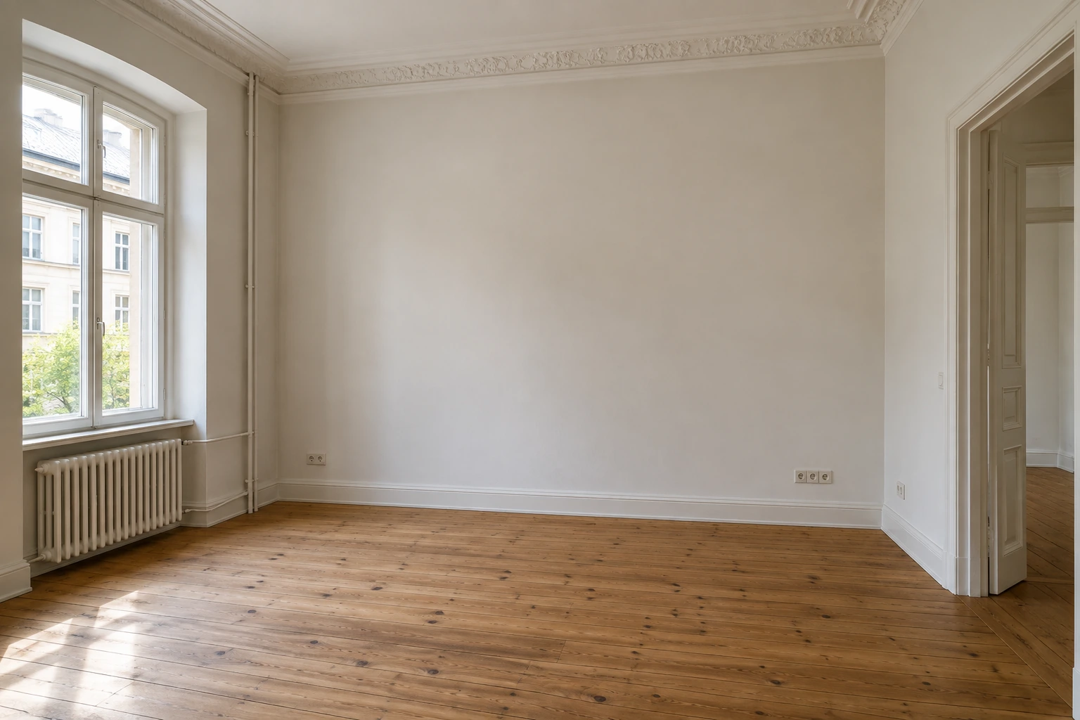 Illustrativer Münchner Altbaubestand mit massiver Nachbarwand, Steckdosen, Heizkörper, Holzboden sowie sichtbaren Wand-, Decken- und Bodenanschlüssen