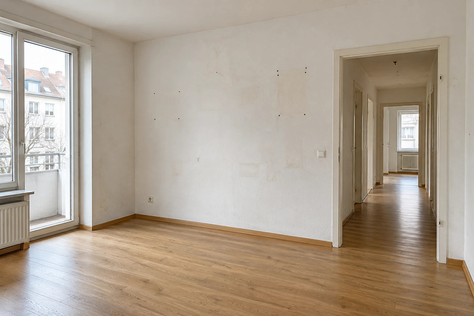 Illustrativer Wohnungsbestand mit abgenutzten hellen Wänden, alten Bohrlöchern, kleinen Rissen, Gebrauchsspuren und intakten Decken vor dem Anstrich