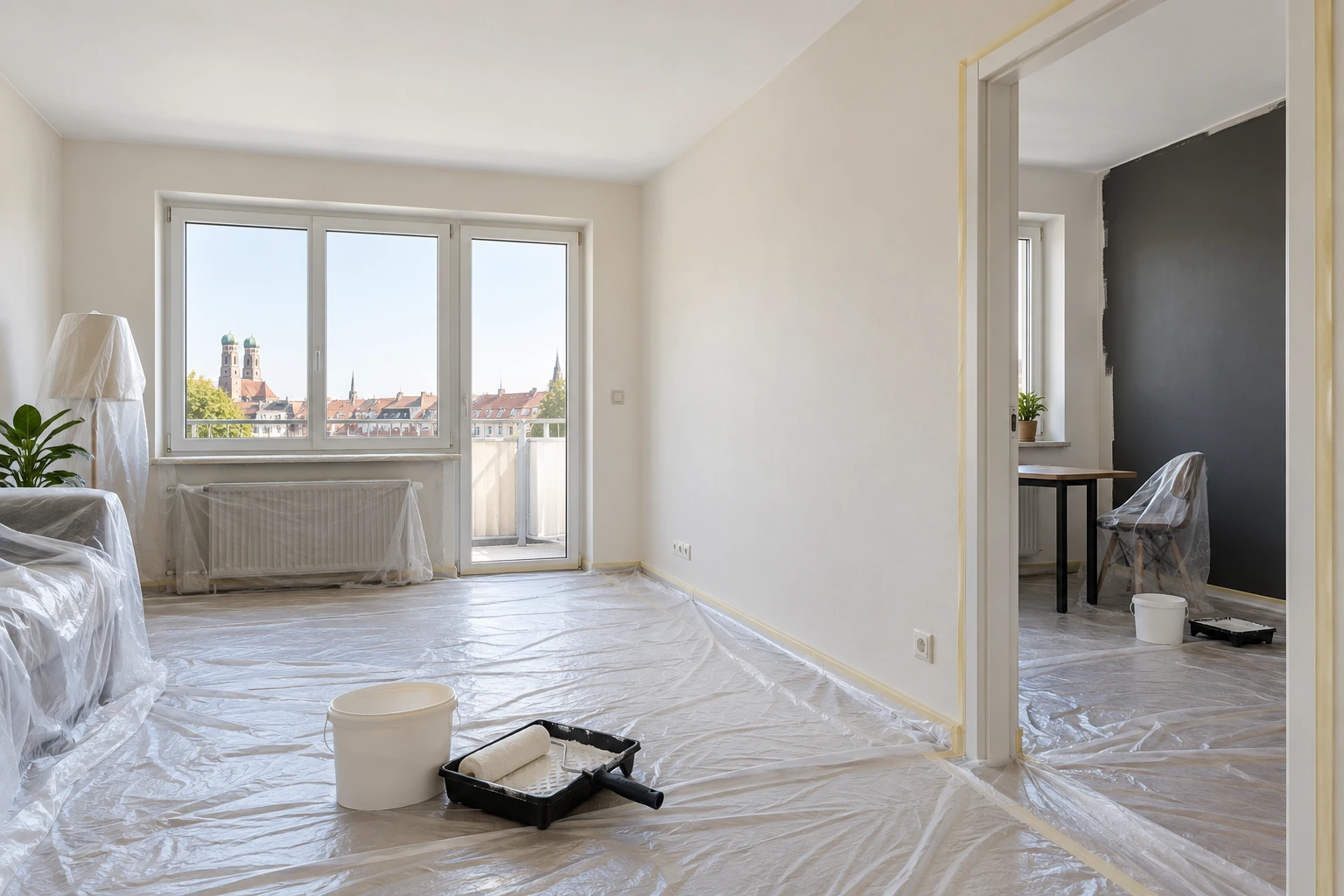 Illustrative Beschichtungsphase mit frisch gestrichener Decke, hellen Wandflächen, integrierten Reparaturen und begonnener dunkler Akzentwand