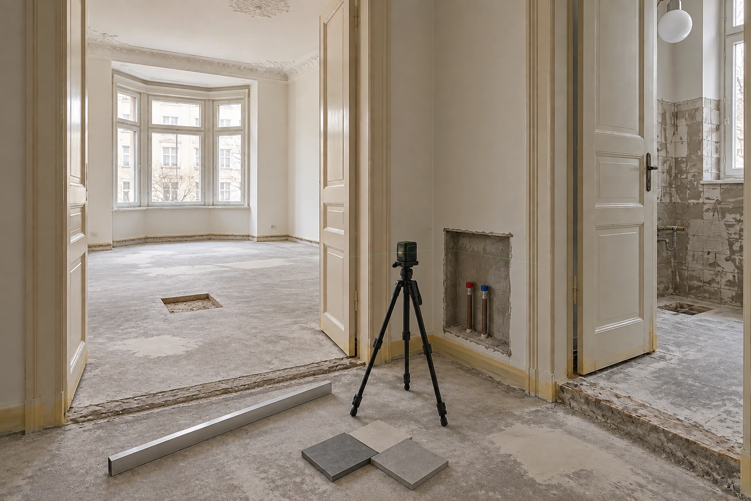 Illustrative Vorbereitung derselben Wohnung nach dem Rückbau mit geprüftem Untergrund, Ausgleichsstellen, offenen Übergängen und vorbereitetem Verteilerschacht