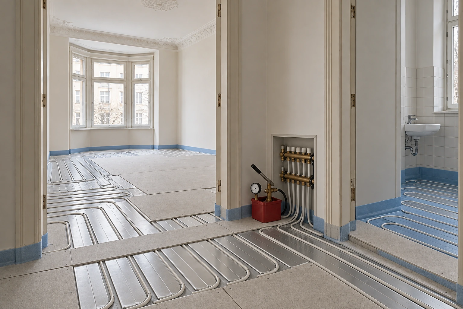 Illustrativer Einbau der Trockenbau-Fußbodenheizung mit Randstreifen, Systemplatten, Wärmeleitblechen, Heizkreisen, Verteiler, Druckprüfung und Badabdichtung