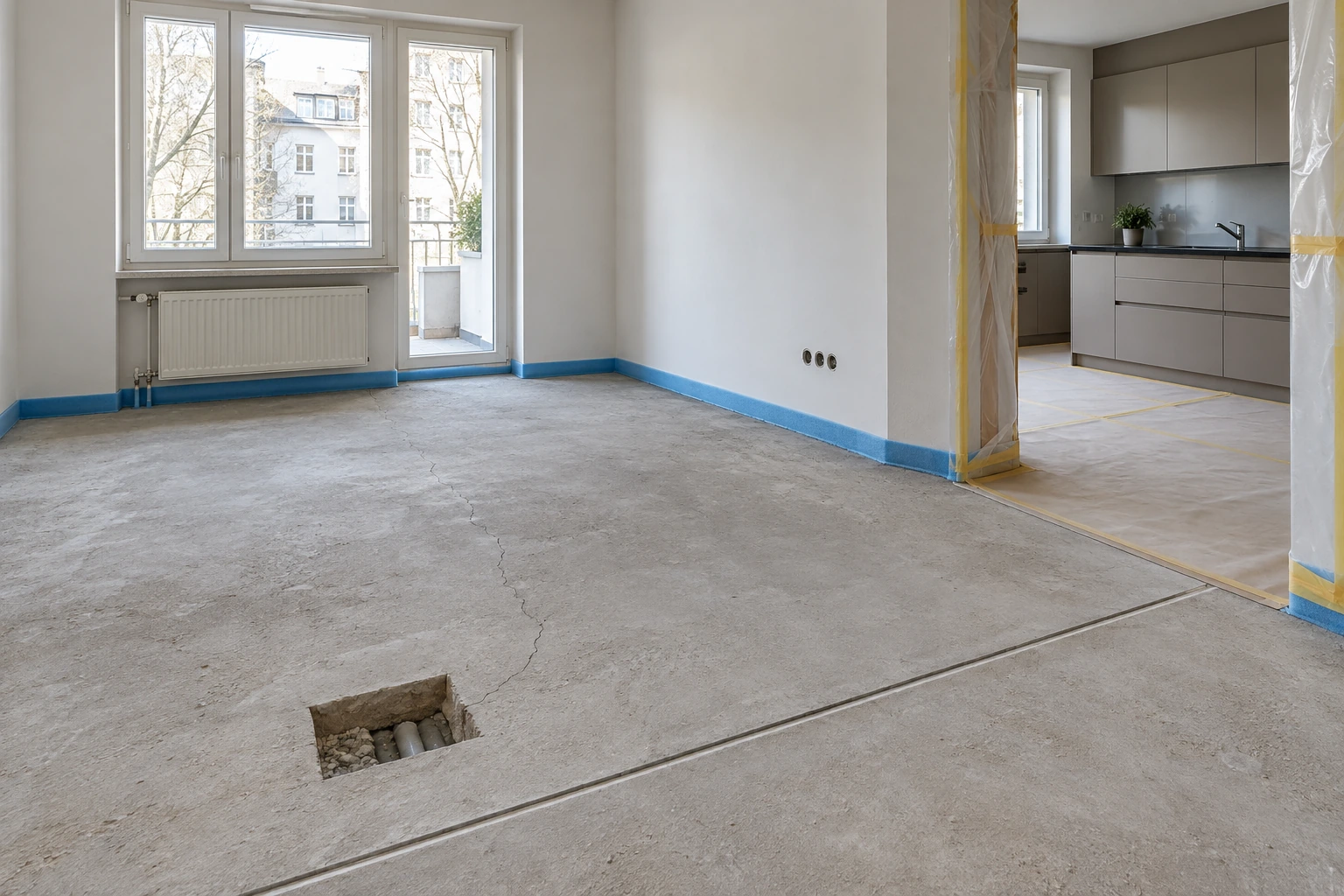 Illustrative Bestandsprüfung mit freigelegtem Estrich, feinem Riss, kontrollierter Öffnung, Bewegungsfuge, Randstreifen und geschützter Küchenzone