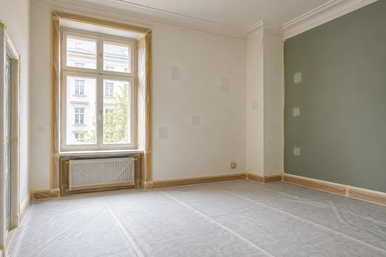 Illustrative Vorbereitungsphase mit geschütztem Fischgrätparkett, abgeklebtem Fenster und Heizkörper sowie gespachtelten Löchern und Rissstellen