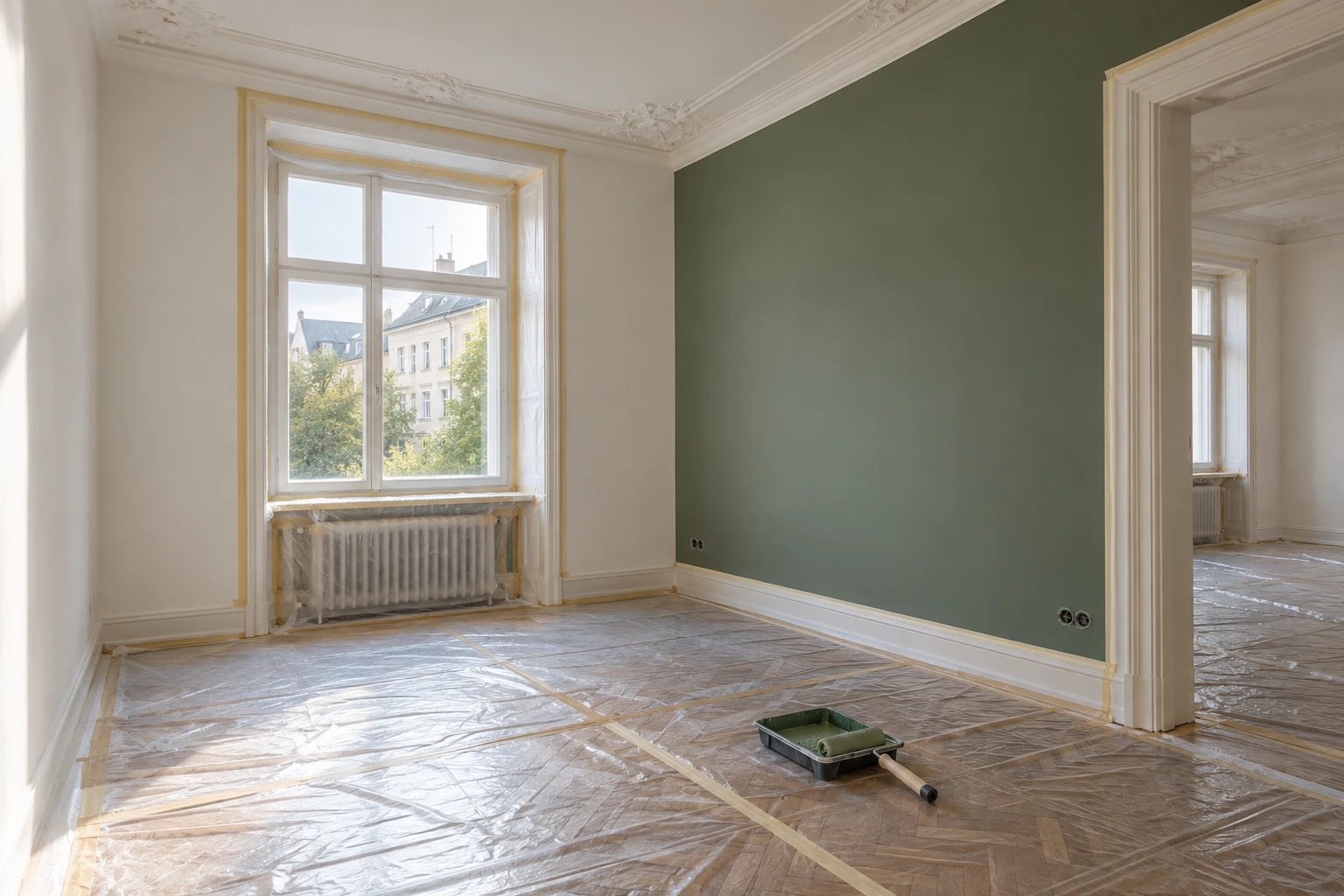 Illustrative Beschichtungsphase mit geschütztem Boden, frisch warmweiß gestrichenen Flächen und neuer salbeigrüner Akzentwand