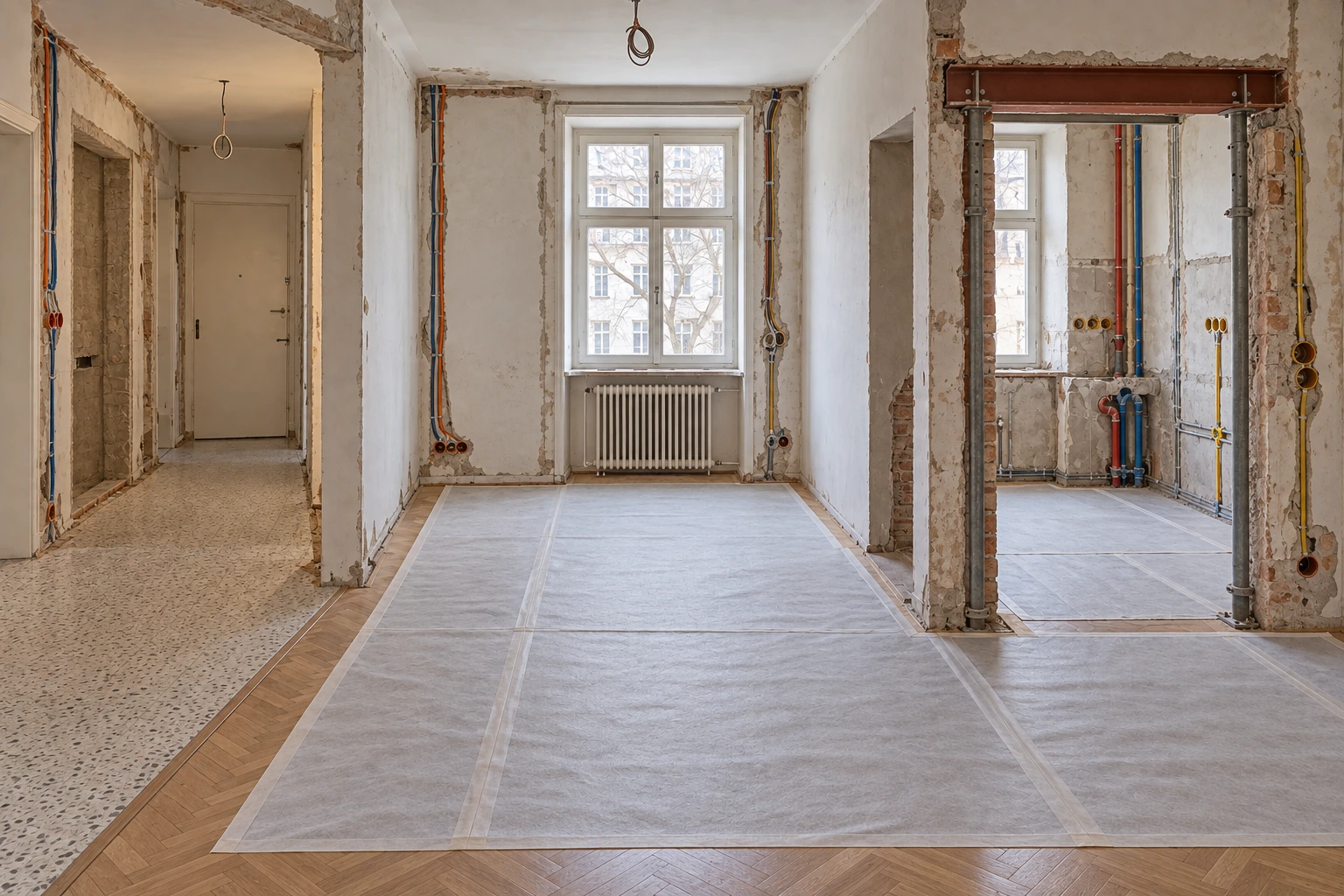 Gleiche Wohnung beim selektiven Umbau mit geschütztem Bestand, verbreiterter Küchenöffnung, geprüfter Wand und vorbereiteter Stauraumzone