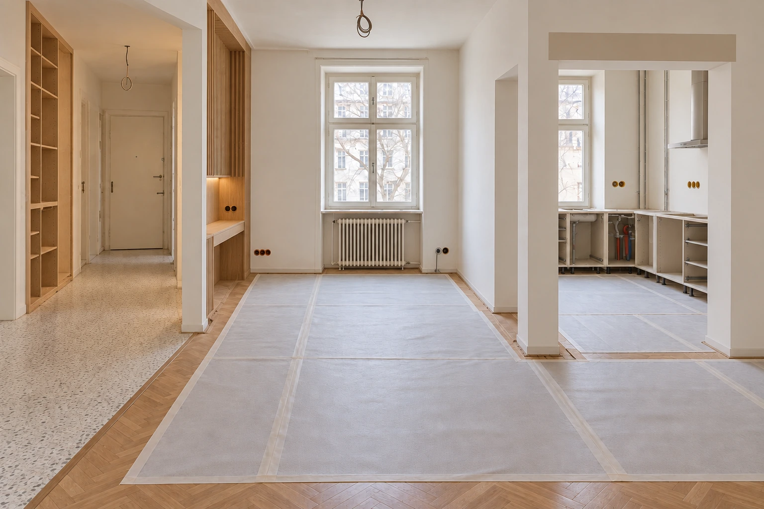 Gleiche Wohnung im Ausbau mit Elektro- und Lichtwegen, akustisch vorbereitetem Arbeitsplatz, Einbauschrankrahmen und abgestimmtem Bodenanschluss