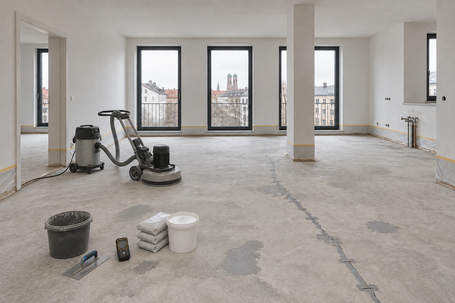 Illustrative Untergrundvorbereitung desselben Raums mit geschliffenem Estrich, sauber repariertem Riss, lokalen Ausbesserungen, Randabdeckung und Absaugtechnik