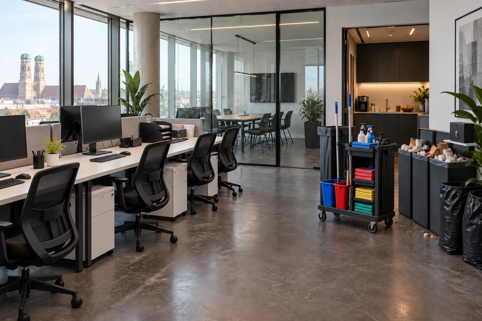 Gleiches Büro bei der Arbeitsvorbereitung mit ausgerichteten Stühlen, gesicherten Kleinteilen, bereitgestelltem Reinigungswagen und vorbereiteten Abfallbeuteln