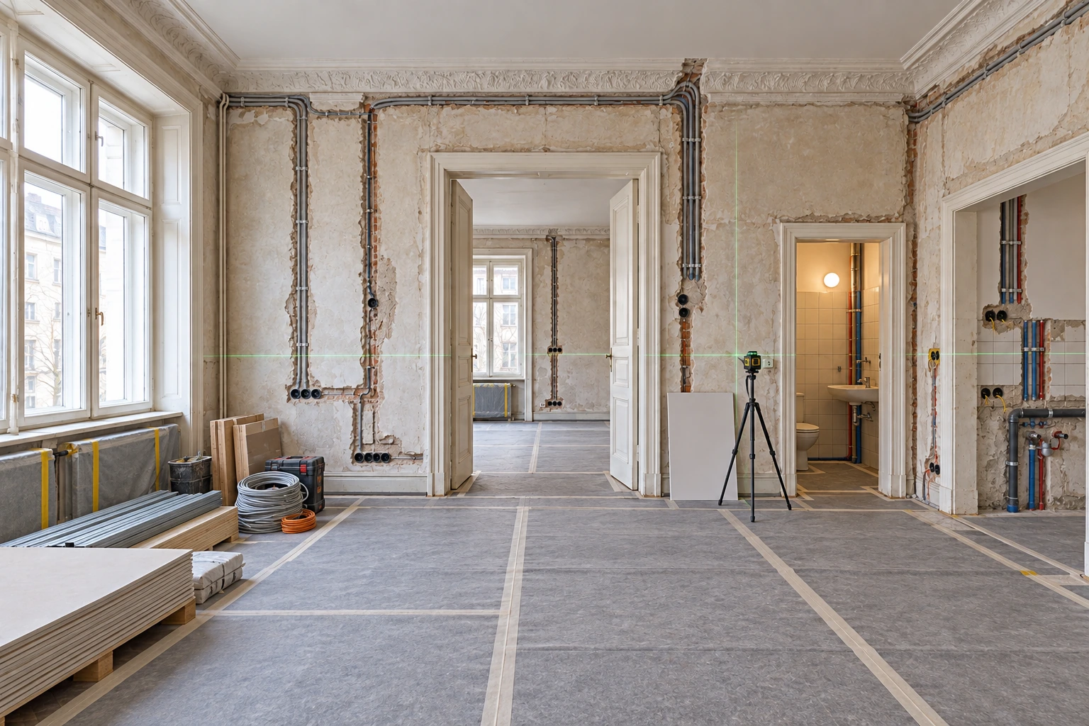 Gleiche Altbauwohnung bei koordiniertem Rückbau und Rohinstallation mit Bodenschutz, geordneten Leitungswegen, Materialzonen und Laserkontrolle