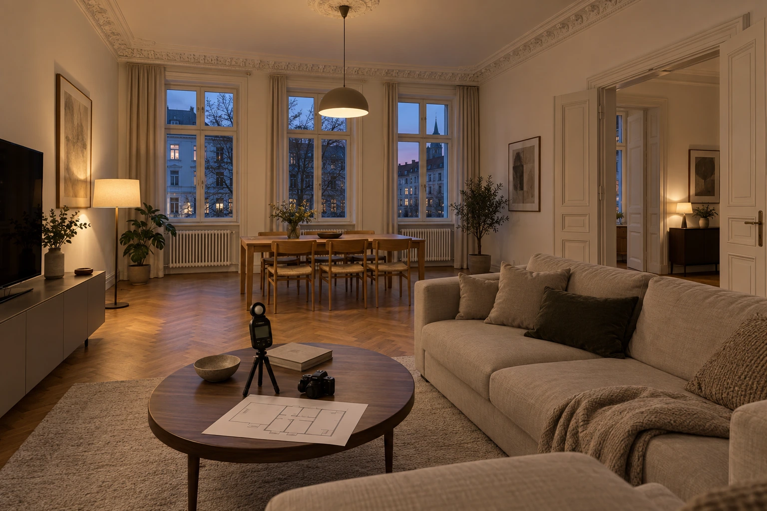 Illustrative Bestandsaufnahme eines Münchner Altbauwohnraums mit ungleichmäßiger Grundbeleuchtung, dunklen Zonen, konventionellem Taster sowie Lichtmessung und Raumplan