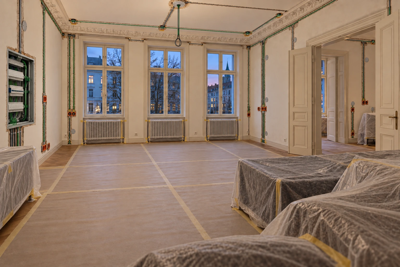 Illustrative Rohinstallation desselben Altbauraums mit geschützten Oberflächen, geordneten Strom- und Busleitungen, Tasterdosen, Sensorauslässen und offener Verteilung