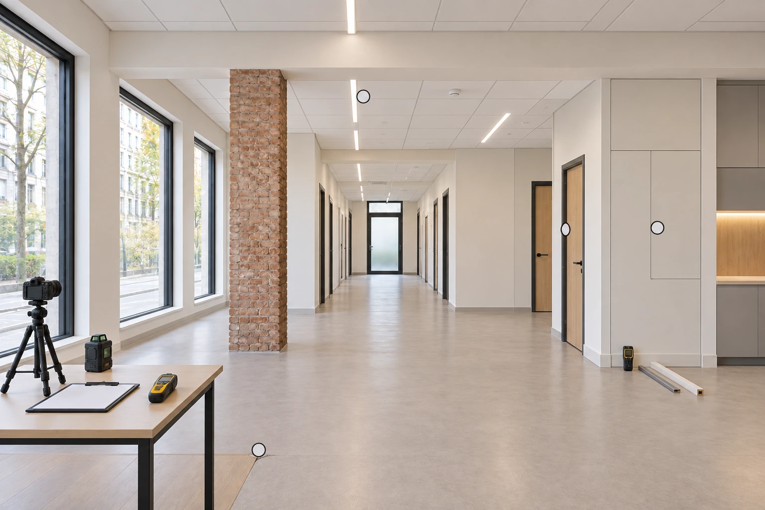 Illustrative Mängel- und Qualitätsprüfung derselben Gewerbeeinheit mit markierten Punkten an Decke, Tür, Revisionsfläche und Bodenübergang sowie bereitgestellter Messtechnik
