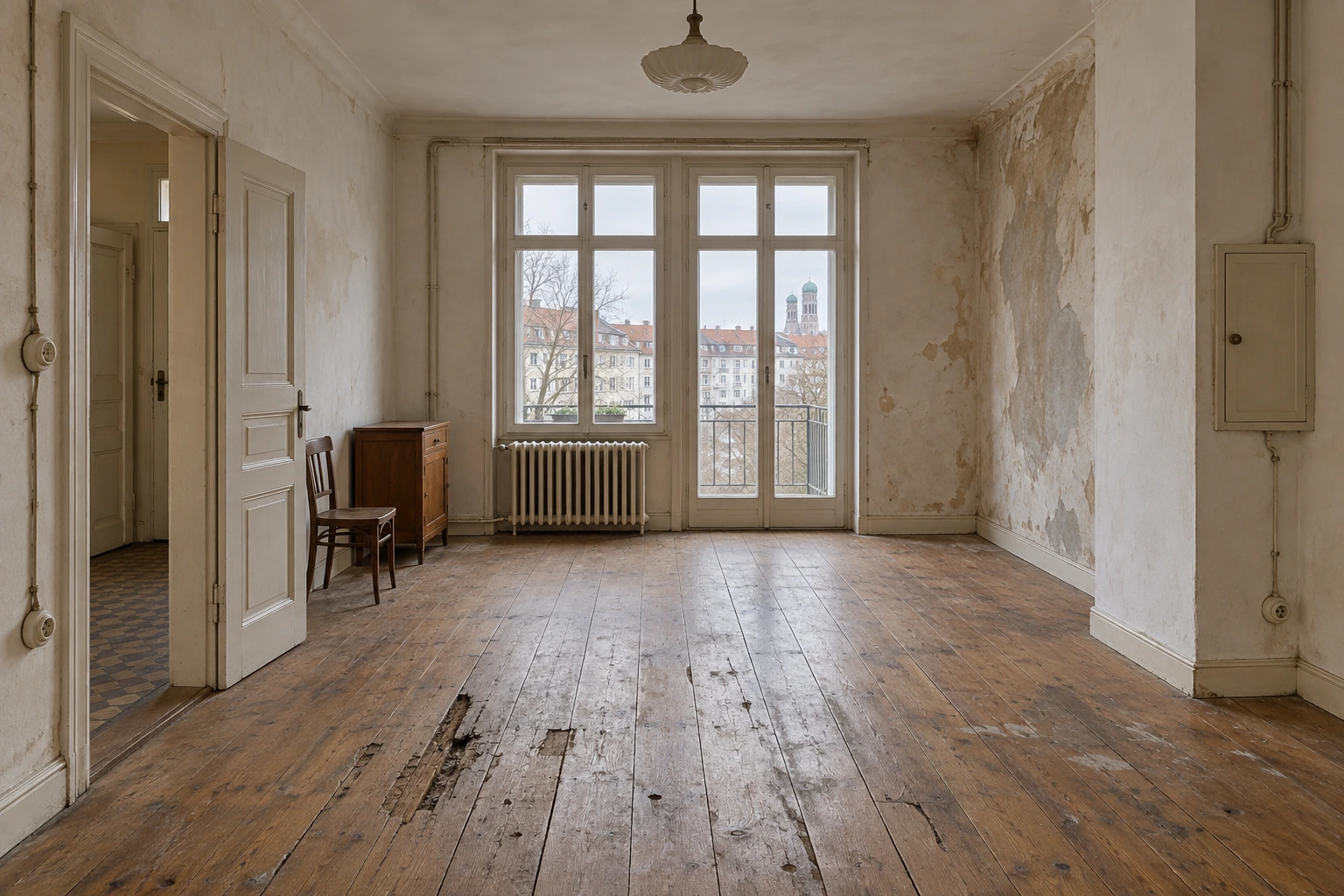 Münchner Altbauwohnung mit verschmutzten und feuchtegeschädigten Wandflächen, beschädigten Dielen und veralteter Aufputz-Elektroinstallation bei erhaltenswerten Fenstern und Türen