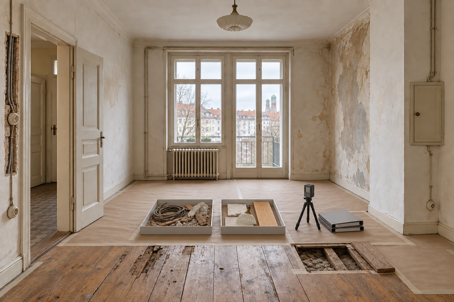 Gleiche Wohnung bei Bestandsprüfung mit geschütztem Boden, geöffnetem Leitungsweg, örtlich geprüftem Fußboden und getrennten Materialgruppen für notwendige Arbeiten und optionale Gestaltung