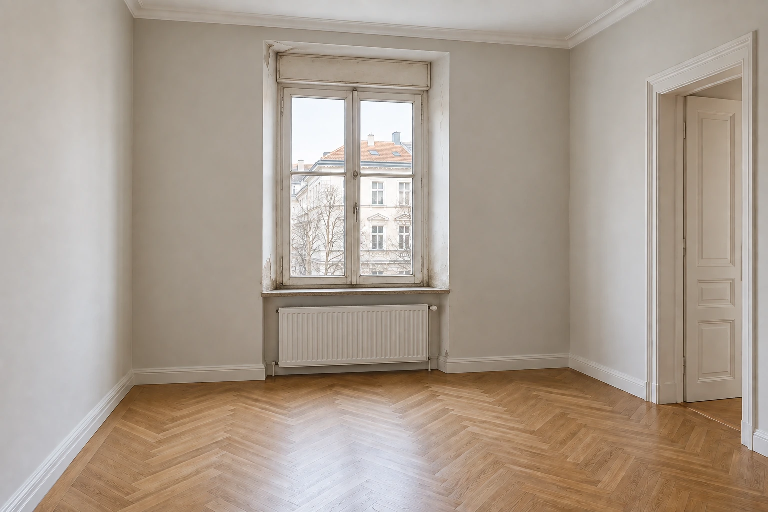 Illustrativer Altbaubestand mit gealtertem Holzfenster, verschlissenen Anschlüssen, ungedämmtem Rollladenkasten und kleineren Schäden an Laibung und Fensterbank