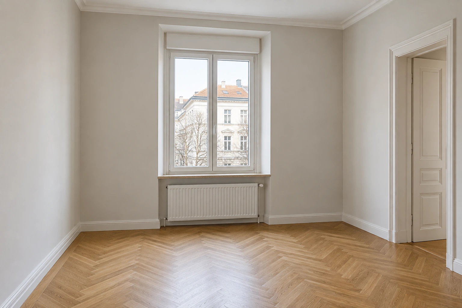 Illustrativ fertiggestellter Altbauraum mit geschlossenem energieeffizientem Fenster, verputzten Laibungen, neuer Fensterbank, integriertem Rollladenkasten und wieder freigelegtem Fischgrätparkett