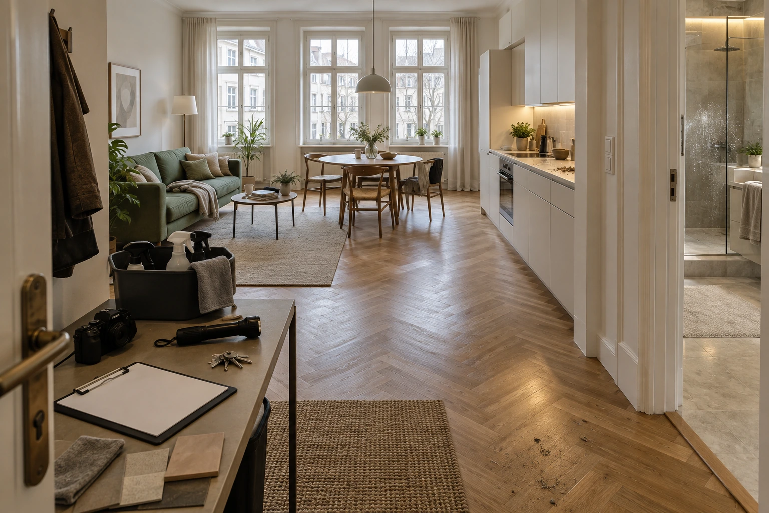 Illustrative Bestandsaufnahme einer bewohnten Münchner Altbauwohnung mit leichtem Alltagsstaub, Küchenkrümeln, Wasserspuren am Badglas und neutraler Prüfstation am Eingang