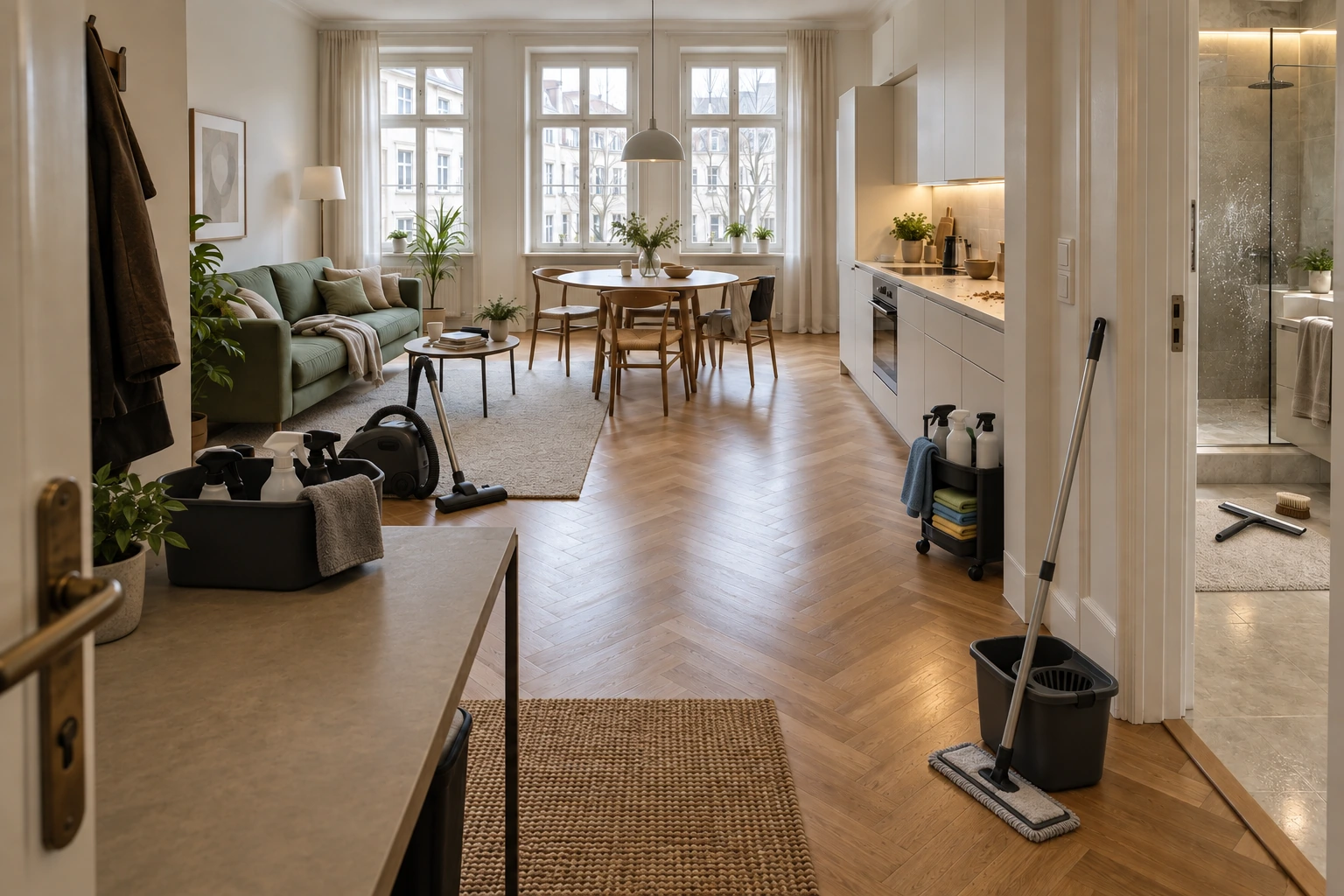 Illustrative systematische Reinigung derselben Altbauwohnung mit Staubsauger im Wohnbereich, Bodenpflege im Flur, materialgerechter Küchenausrüstung und Badwerkzeugen