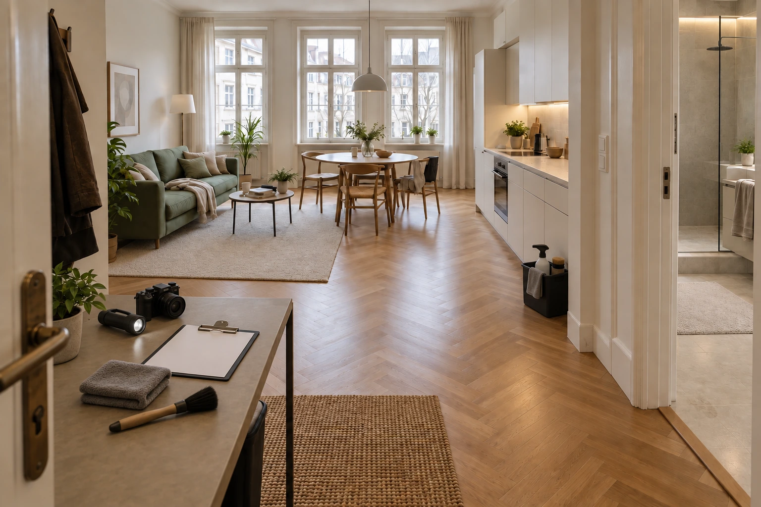 Illustrative Qualitätsprüfung derselben gereinigten Wohnung mit blankem Prüfblatt, Inspektionslicht, Kamera, Mikrofasertuch und kleiner Ausrüstung für letzte Detailkorrekturen