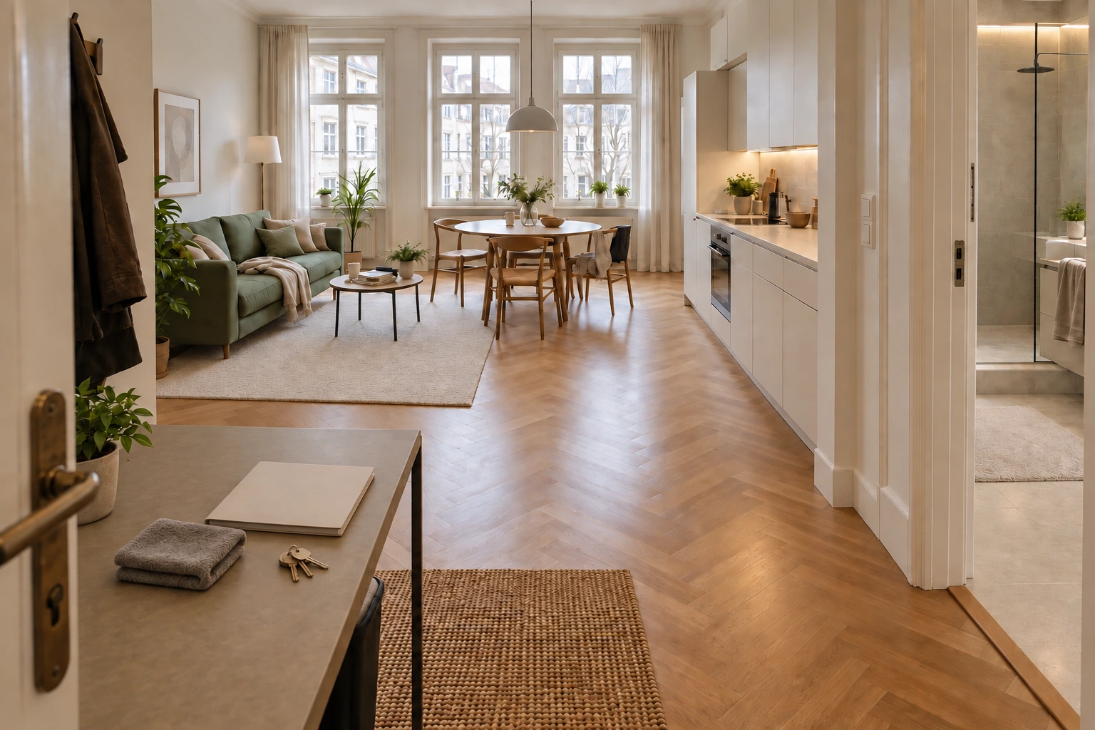 Illustrativ vollständig gereinigte und übergabebereite Altbauwohnung mit freien Laufwegen, sauberer Küche, klarem Badglas sowie Schlüssel und blanker Übergabemappe am Eingang