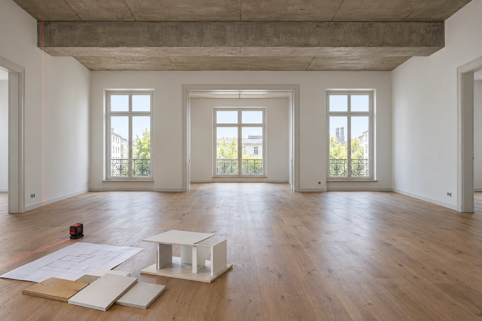 Münchner Altbauwohnung im dokumentierten Ausgangszustand vor dem Trockenbau mit freier Raumfläche und vorbereiteten Materialmustern